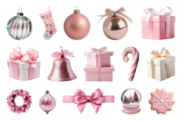 PNG Pink festive Christmas decorations collection, element set on transparent background