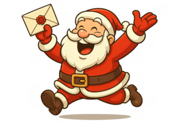Santa claus cartoon character cheerfully running and holding a christmas letter, representing holiday joy, mailing, and festive season