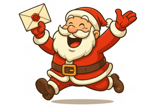Santa claus cartoon character cheerfully running and holding a christmas letter, representing holiday joy, mailing, and festive season