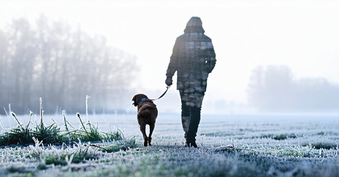 Person walks dog through frosty field. Winter scene evokes calm, quiet mood. Cold air visible, natures beauty present.