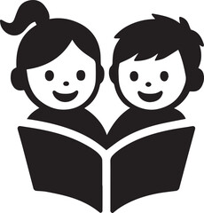 Black and white graphic icon of two happy children reading an open book together education