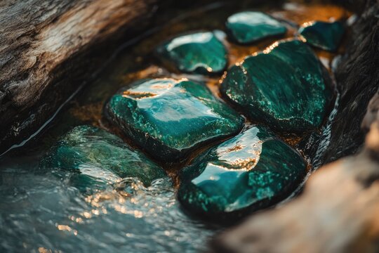 Luminous green river stones, wet and smooth, reflect golden sunlight in a clear, shallow stream flowing past natural wood. - Powered by Adobe