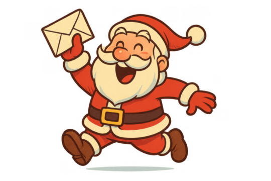 Santa claus running happily holding a letter, carrying christmas mail during the holiday season, transparent background