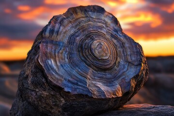 A striking petrified wood or agate-like rock with intricate concentric layers in blue, purple, and brown hues, beautifully highlighted against a vivid sunset sky.
