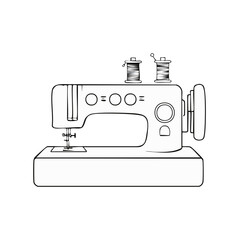 Line art drawing of a modern electric sewing machine with thread spools for textile crafting and repair