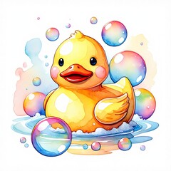Fototapeta premium Cute Yellow Duck Surrounded By Soap Bubbles Watercolor Illustration