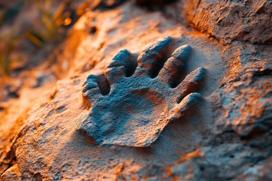 A deeply impressed handprint, possibly fossilized or artistic, etched into textured rock or sand, dramatically lit by contrasting warm and cool light.