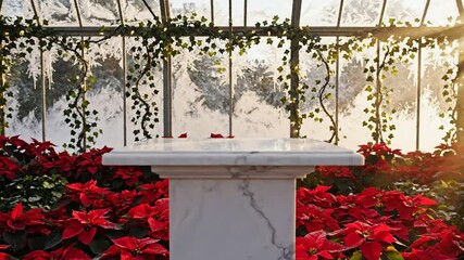 Winter greenhouse poinsettia display with frosted glass and ivy sunlit festive holiday floral arrangement Podium - Powered by Adobe