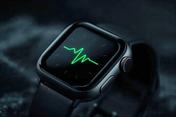 Smartwatch displaying heart rate monitor on a dark surface with a sleek design