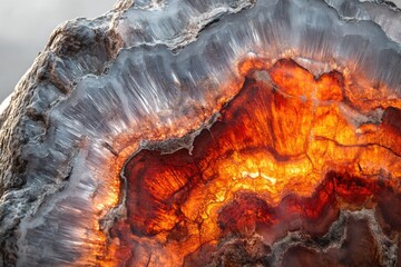 Backlit mineral cross-section revealing intricate clear crystals over fiery orange and red glowing layers. A vibrant, abstract geological masterpiece.