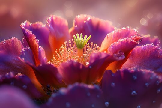 Exquisite macro shot of a prickly pear flower, vibrant in purple and orange, sparkling with delicate dew drops.