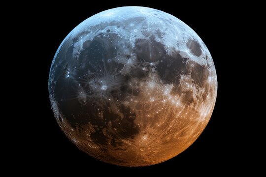 Vibrant, color-enhanced full moon showcasing its cratered surface in striking blue and orange tones against a deep space backdrop.