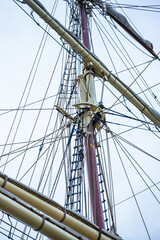 Fototapeta premium Tall mast and climbing rigging of traditional sailing vessel.