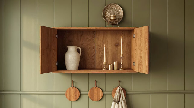 Rustic kitchen cabinet with display items and warm color scheme in stylish interior setting