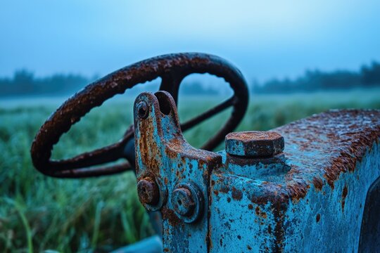 A heavily rusted steering wheel and components of an old, blue machine stand abandoned in a misty, green field under a somber sky, showing signs of decay.