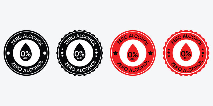 Zero Alcohol 0% ABV Product Label Set, Non-Alcoholic Beverage Sticker, Vector Stamp in Red and Black Circle Design, Sober Lifestyle Drink Icon
