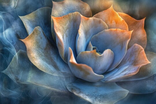 A breathtaking close-up of a succulent, its pastel blue-green leaves tipped with warm orange, evoking an ethereal, artistic beauty.