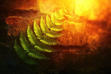 A luminous green fern leaf rests on a textured, earthy surface, bathed in warm, golden light creating a dramatic, natural glow.