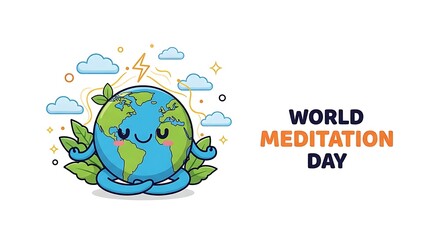 Cute cartoon Earth character meditating in lotus pose with leaves and clouds, celebrating World Meditation Day.