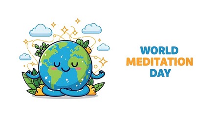 Cute cartoon Earth character meditating in lotus pose for World Meditation Day.