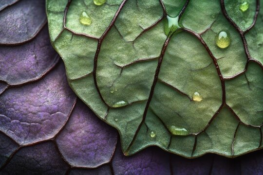 Macro shot of vibrant green leaves featuring intricate dark veins and glistening water droplets, contrasting with rich purple leaves beneath.