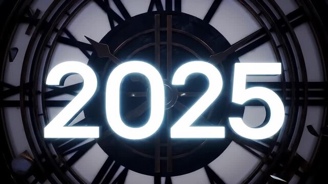 New Year 2025 Transition Lights: Dynamic glow of numbers shattering an old clock, signaling celebration and a bright, explosive future.