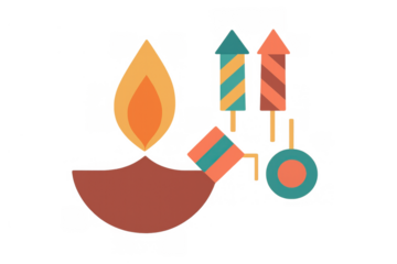 Diwali lighting a diya oil lamp with festival fireworks, deepavali celebration concept, transparent background