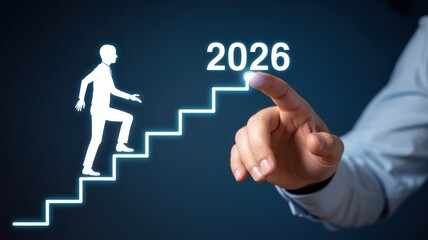 Fototapeta premium Man climbing stairs toward 2026 representing career growth and future goals concept for business planning and success