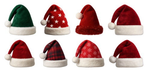 PNG Festive Santa hats collection variety, element set on transparent background
