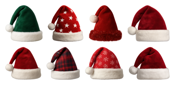 PNG Festive Santa hats collection variety, element set on transparent background