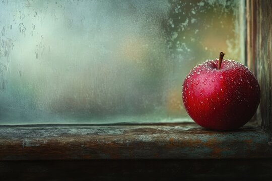 A glistening red apple, covered in fresh dewdrops, sits thoughtfully on a rustic wooden windowsill, framed by a soft, diffused window background.