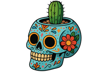Sugar skull cactus planter, Día de los Muertos illustration with transparent background