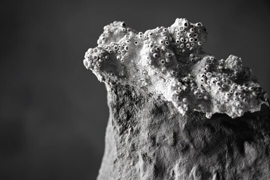 A stark black and white close-up reveals an intricate, textured organic or geological formation, possibly coral or a fossil, covered in tiny, hollow structures.