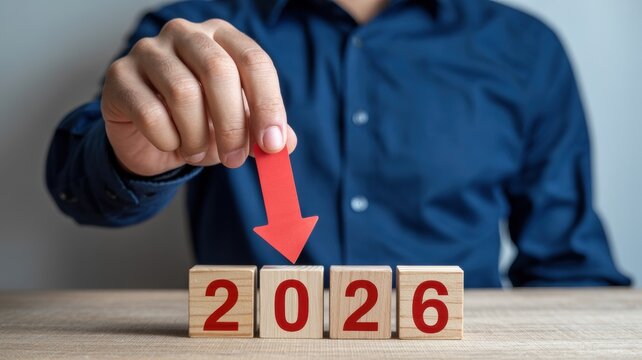 Wooden blocks displaying 2026 with a downward arrow symbolizing a financial downturn or negative trend forecasting economic challenges