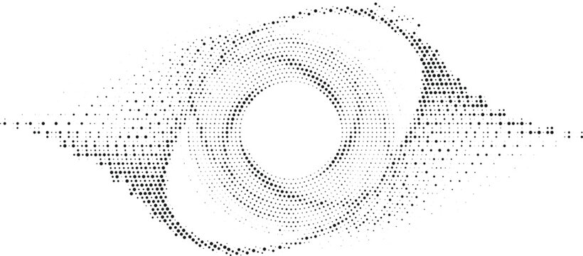 Abstract circular halftone vortex background with dynamic motion effect, monochrome dotted texture forming a smooth swirl pattern, modern digital design concept