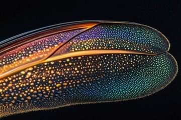Magnified insect wing or beetle elytra showcasing dazzling iridescent structural coloration and intricate texture against a dark background.