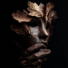 Minimal horror prop composition mask glove dried leaves low key lighting cinematic commercial look