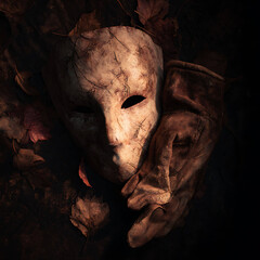 Minimal horror prop composition mask glove dried leaves low key lighting cinematic commercial look