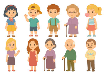 Diverse group of happy pixel art cartoon characters, including children, adults, and seniors, isolated on transparent background.