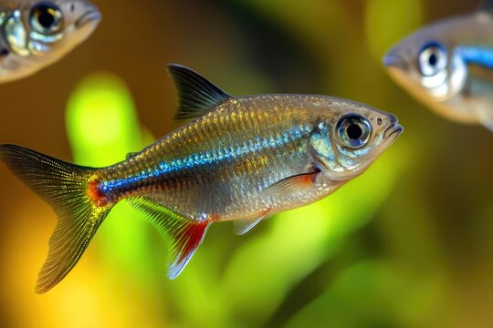 Stunning close-up of a shimmering blue-striped fish with golden scales, gracefully swimming in a vibrant freshwater aquarium habitat.