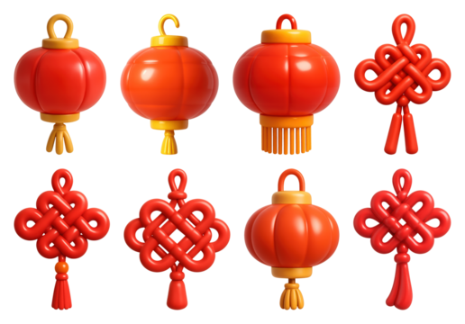 PNG Traditional festive lanterns and knots, element set on transparent background