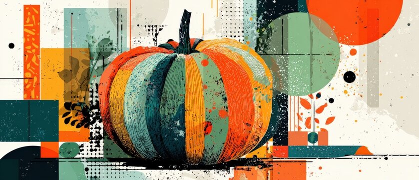 Colorful abstract pumpkin illustration with geometric shapes and grunge texture Modern autumn harvest design for fall season, thanksgiving, and halloween - Powered by Adobe