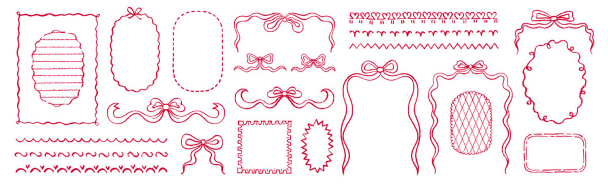 Frame with bow. Whimsical border with ribbon for menu, invitation. Vintage hand drawn coquette bow ribbon frame set. Whimsical line cute vector. French pink wavy doodle bg. Wedding, Christmas border
