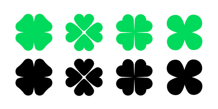Clover four leaf vector shamrock icon. St Patrick luck clover good irish green heart flat shamrock isolated symbol