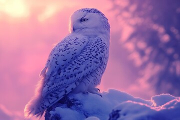 A magnificent snowy owl perches on snow, illuminated by a breathtaking pink and purple winter sunset, radiating serene arctic beauty.