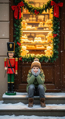 Boy sitting on snowy steps by festive shop window with baked goods and nutcracker. A heartwarming shot of holiday anticipation. Festive season, Christmas spirit, childlike wonder.