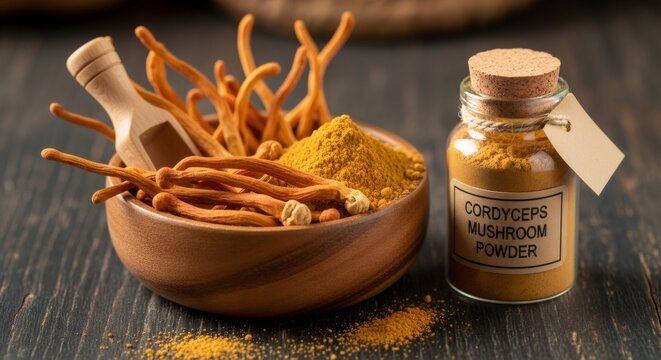 Dried cordyceps militaris mushroom and powder in bowl and jar. Herbal medicine for health benefits. Traditional medicine concept.