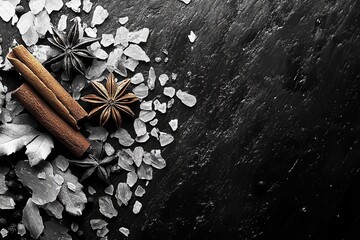 Aromatic cinnamon sticks and star anise pods are beautifully arranged with coarse crystal sugar/salt on a dark textured background, showcasing rustic culinary ingredients.