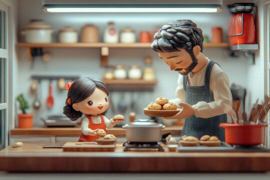 A stylized father and daughter joyfully bake cookies in a cozy kitchen, sharing a sweet moment with fresh treats.