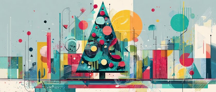 Abstract Christmas tree with geometric shapes and vibrant colors in a modern art style, festive holiday season concept